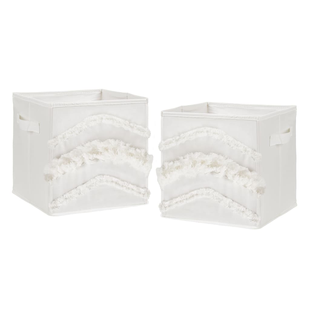 Ivory Boho Bohemian Collection Foldable Fabric Storage Bins - Gender Neutral Off White Farmhouse Chic Minimalist Fringe