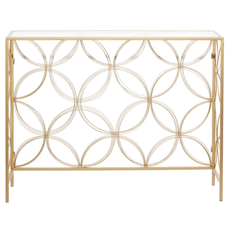Gold Metal Open Style Quatrefoil Frame Geometric Console Table with Glass Top