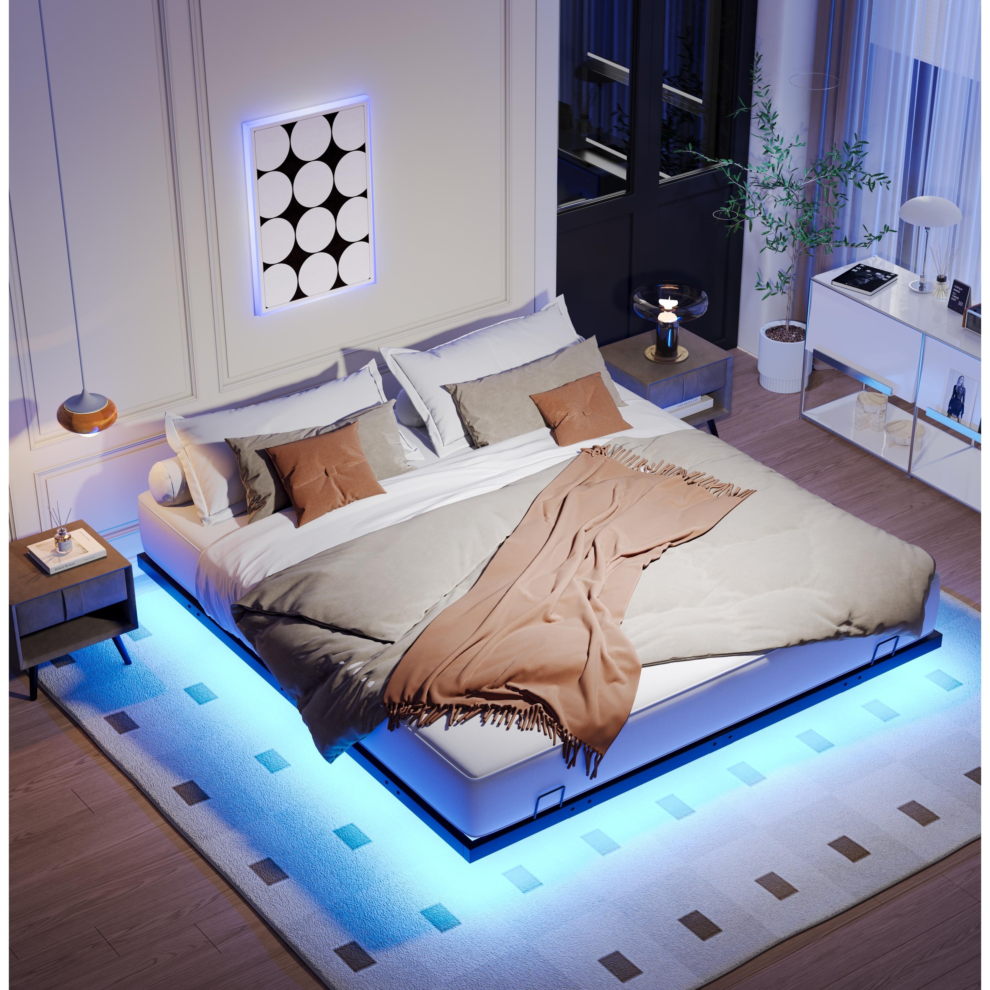 Queen Size Floating Bed Frames Platform Bed with LED Lights