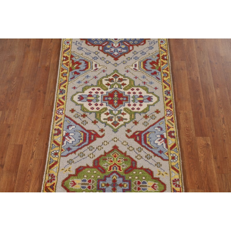 Geometric Beige Kazak Oriental Rug Hand-Knotted Wool Carpet - 2'7"x 6'1"
