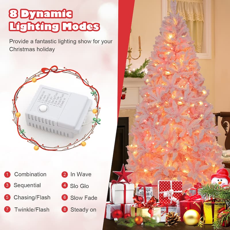 Gymax 7 FT Pre-Lit Artificial Christmas Tree Lighted Pink Snow Flocked