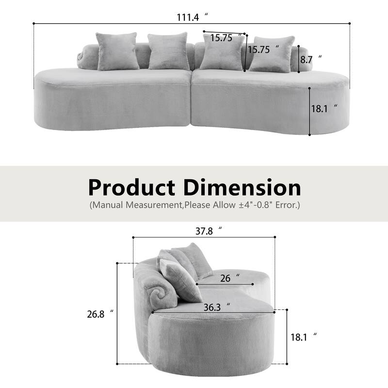 Roomfitters Modern Curved Flannelette Multi-Seater Sofa with Pillows, Creative Minimalist Design for Living Room