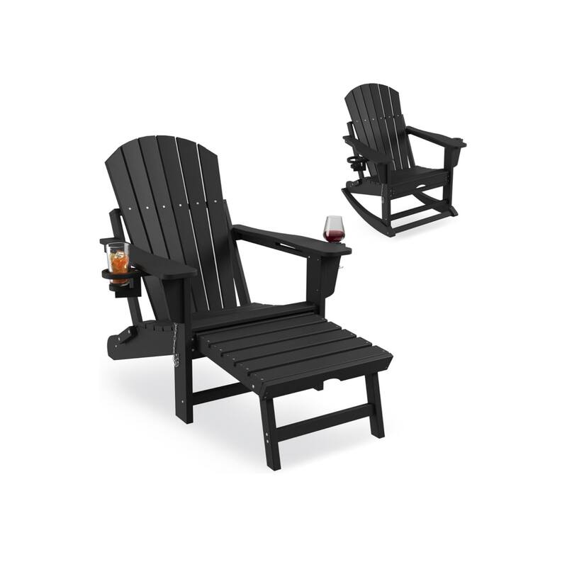 Adirondack Rocking Chair with Ottoman Folding HDPE Outdoor Chair All-Weather - Black
