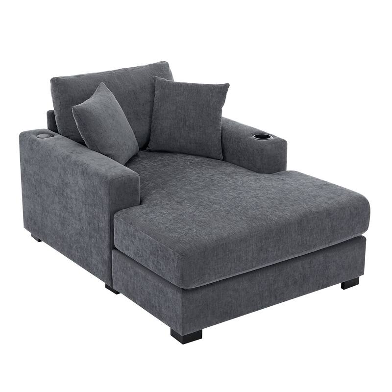 Oversized Chaise Lounger Modern Sofa Couch with Pillows, Charge Station & Cup Holders