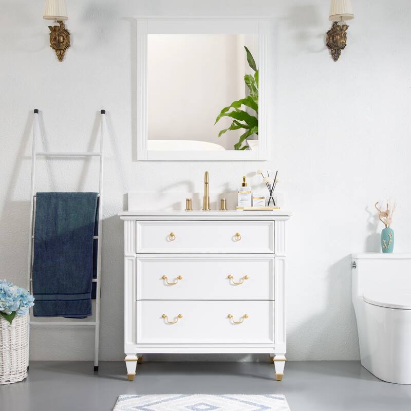 35'' H X 36'' W Solid Wood Bath Vanity with Stain-resistant Carrera White Quartz Top and Single Sink - White