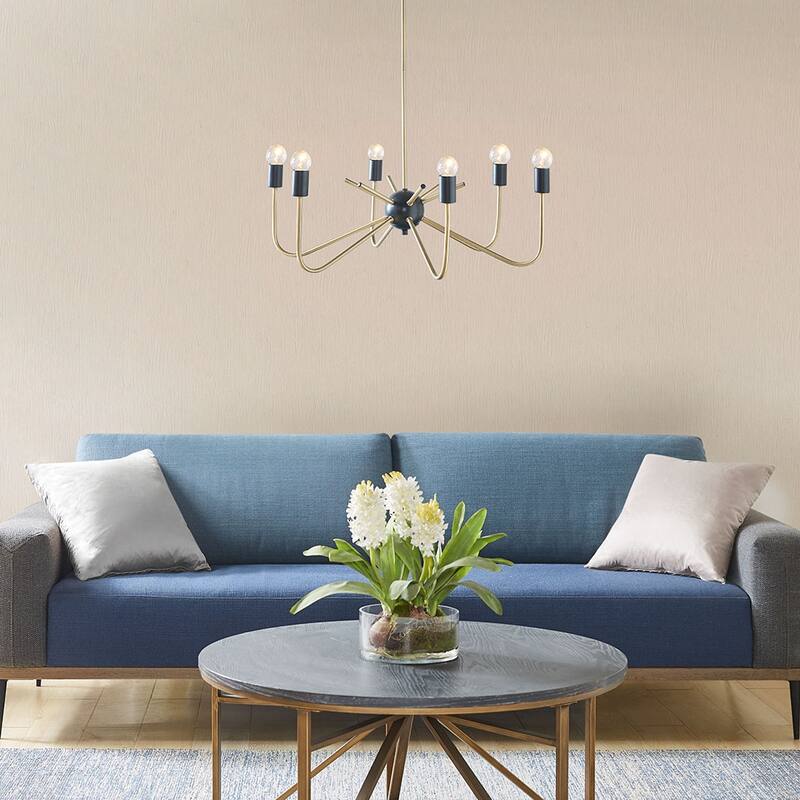 6-Light Metal Chandelier - Antique Brass+Black