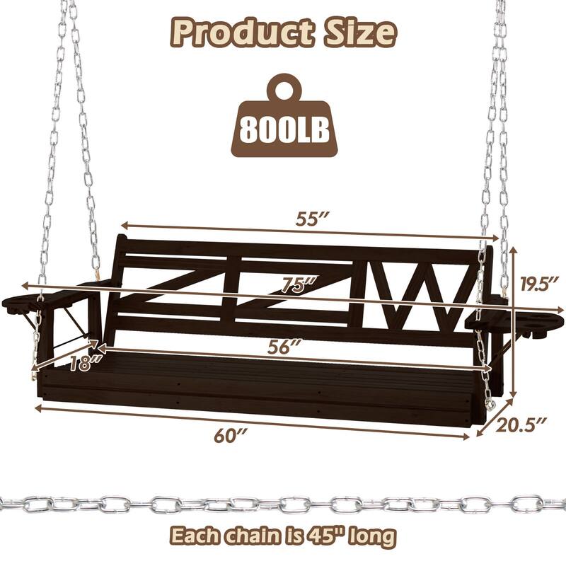 2 or 3-person Wood Porch Swing Heavy Duty with Foldable Tray
