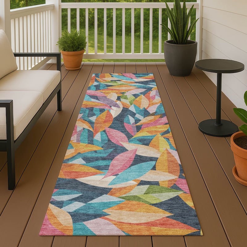 Machine Washable Indoor/ Outdoor Modern Floral Chantille Rug - Navy - 2'3" x 7'6"
