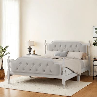Traditional Style Solid Wood Bed Frame w/Upholstered Tufted Headboard
