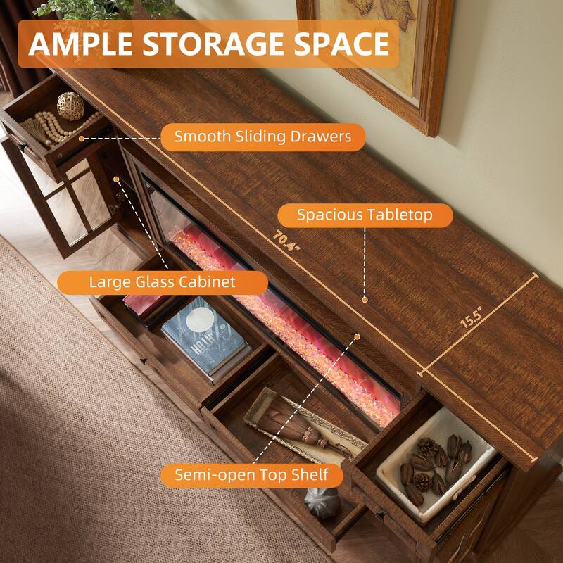 Fireplace TV Stand for 80" TV, Farmhouse Entertainment Center with LED