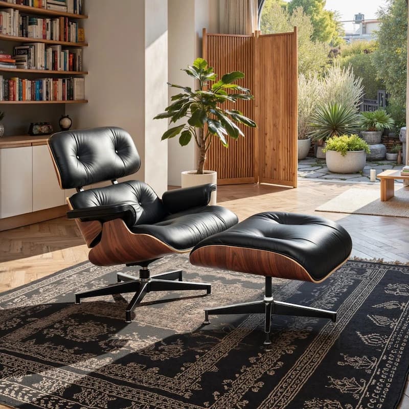 Genuine Leather Accent Lounge Chair and Ottoman Walnut Wood - Rosewood