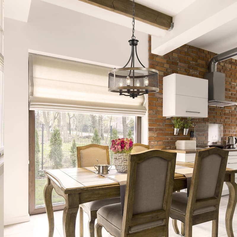 Deun Modern Farmhouse 4-Light Drum Mesh Cage Wood Grain Chandelier for Dining Room