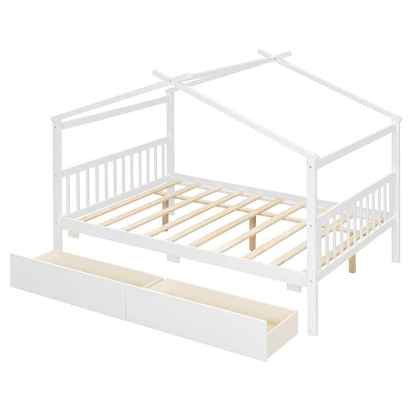 Creativity House Bed Full Size Frame with 2 Wood Drawers for Boys Girls, Wood Platform Bed with Roof No Box Spring Needed