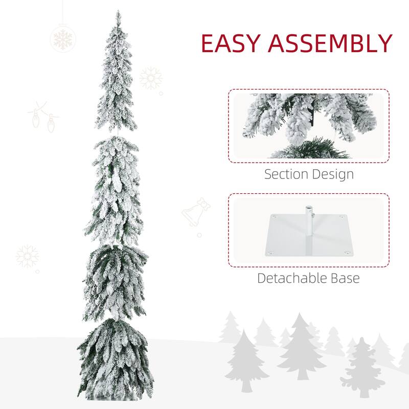 7ft Tall Prelit Pencil Artificial Christmas Tree Holiday Décor with 534 Snow Flocked Branches, 350 Warm White - Green