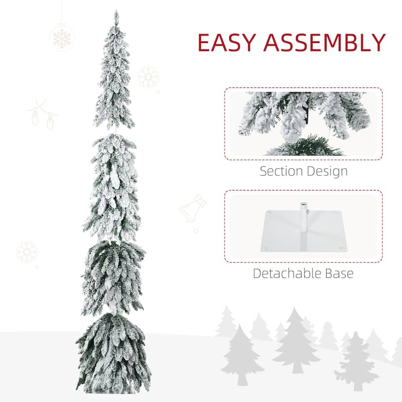 HOMCOM 7ft Tall Prelit Pencil Artificial Christmas Tree Holiday Décor with 534 Snow Flocked Branches, Downswept Shape - 6.89 ft