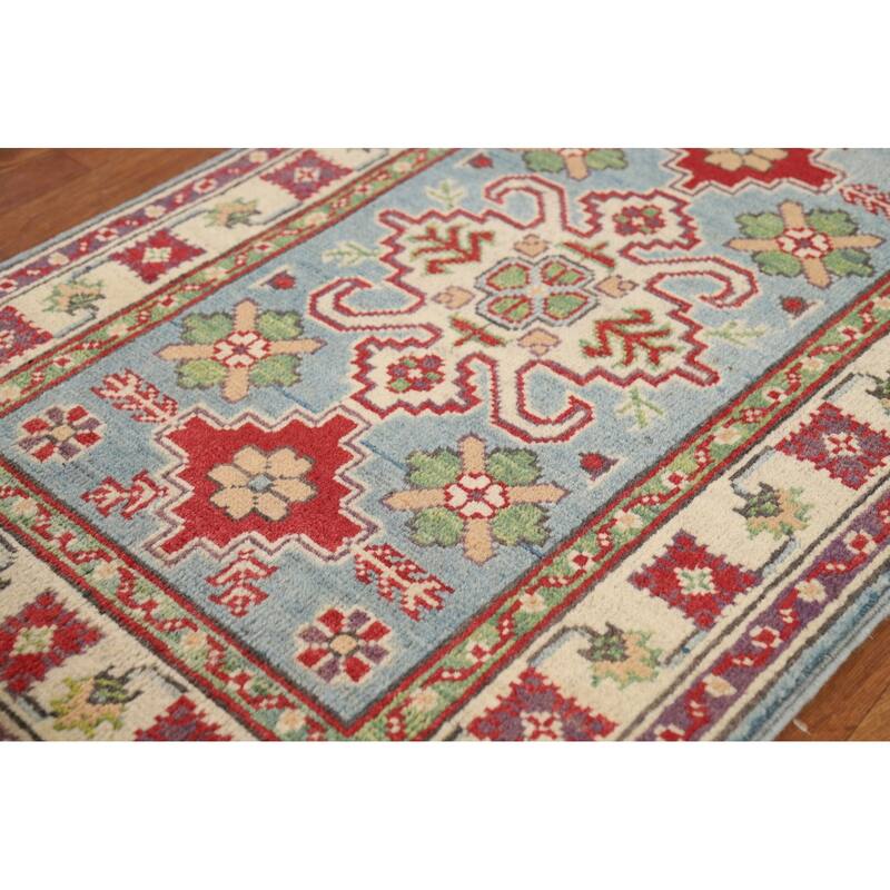 Geometric Blue Kazak Oriental Foyer Rug Handmade Wool Carpet - 2'0" x 3'0"