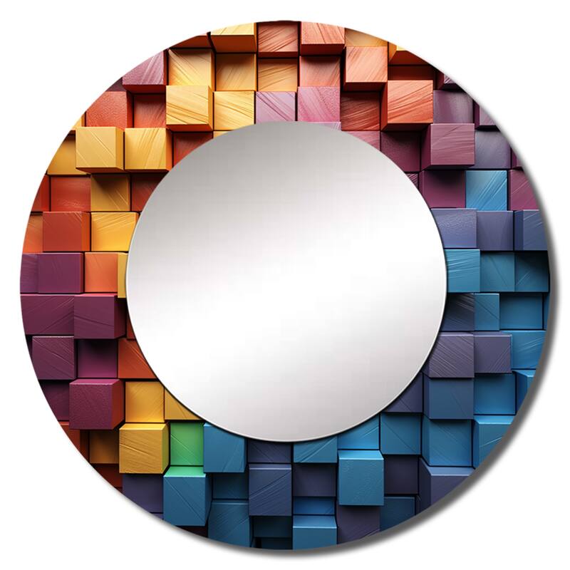 Designart "Rainbow Cubic Wood Spectrum" Abstract Shapes Living Room Mirror - Yellow Modern Round Mirror