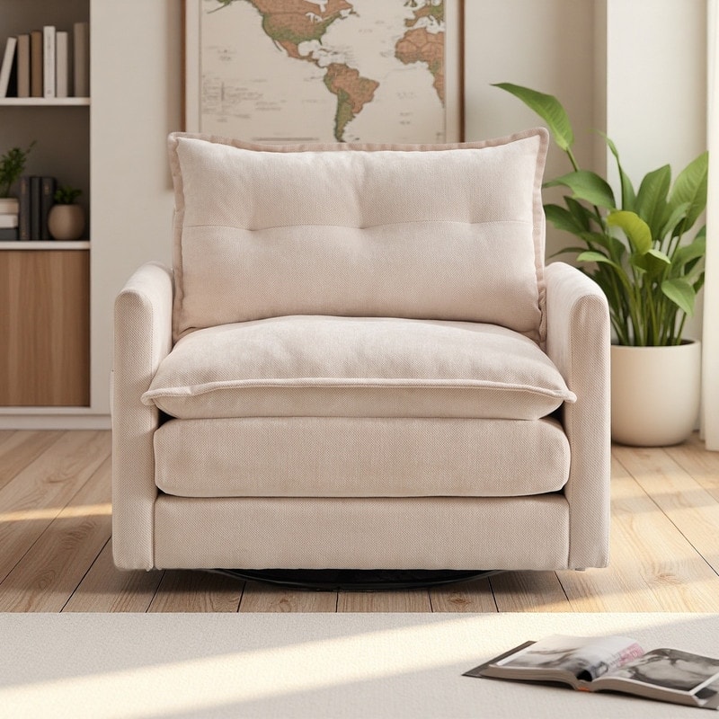 Chenille 360° Swivel Barrel Chair with Memory Foam and Side Pockets - Beige