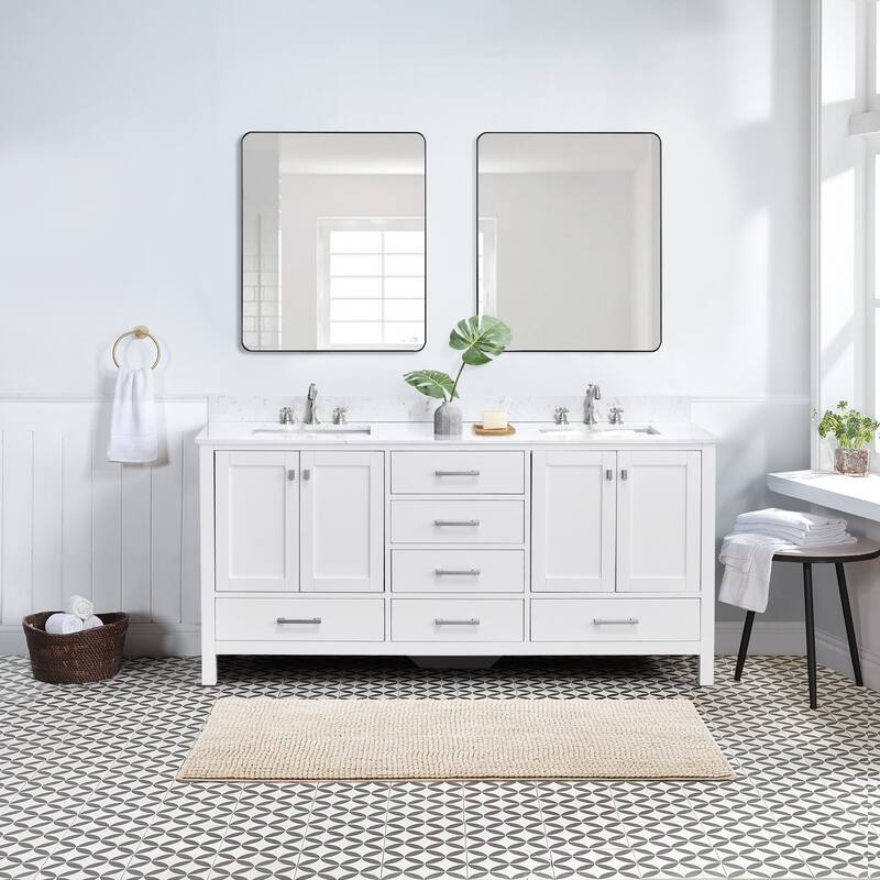 StarrySky 72 inch Undermount Double Sink Bathroom Vanity with Engineered Carrara Marble Top - White