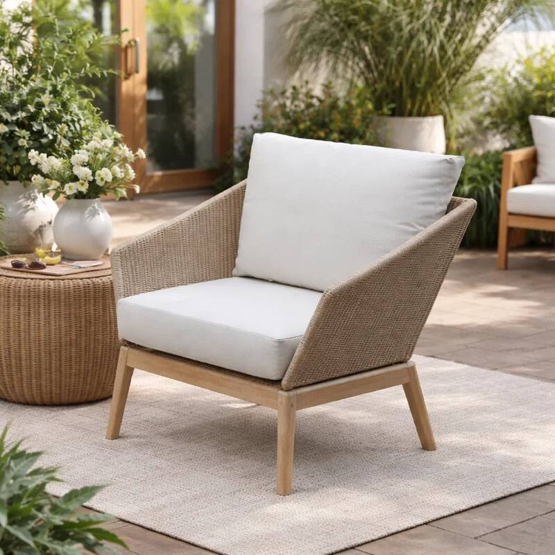 Dexi 30 Inch Patio Sofa Chair, Fade Resistant Fabric Cushions, Beige Rope
