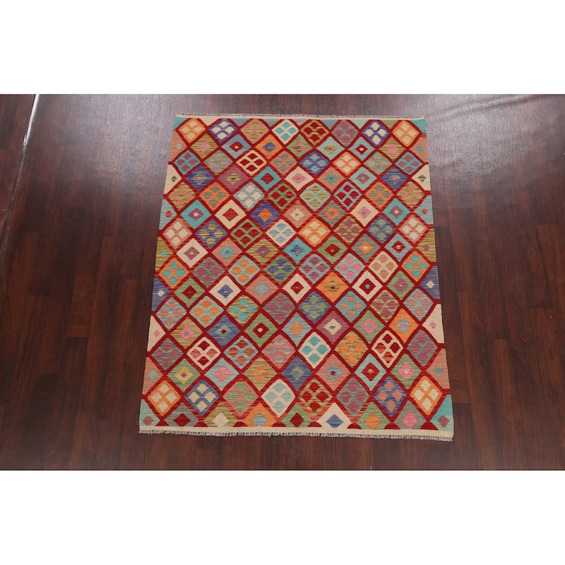 Geometric Kilim Oriental Home Decor Area Rug Wool Hand-woven - 5'2" x 6'4"