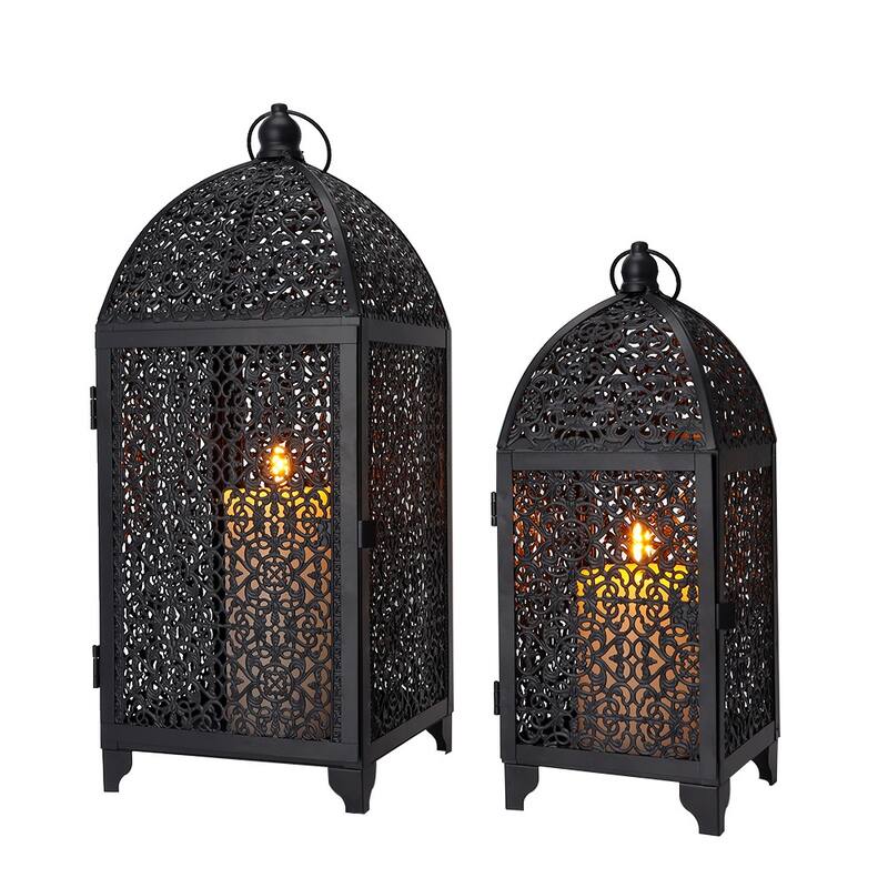 Set of Two Black Metal Filigree Tabletop Lantern Candle Holders