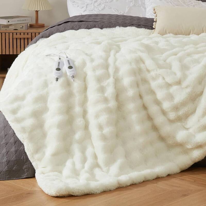 Dual Control Faux Fur Soft Bubble Electric Heating Blanket, Beige - 90*100 inch