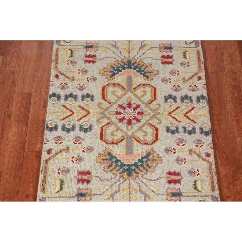 All-Over Muted Green Oushak Runner Rug Hand-Knotted Wool Carpet - 2'6" x 7'10"