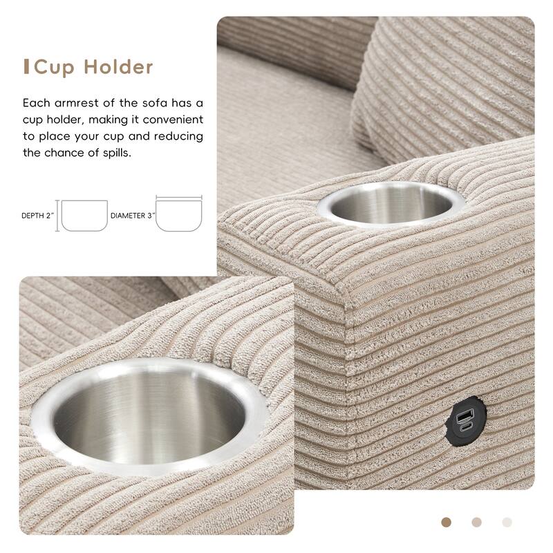 Spacious 4-Seater Corduroy Cloud Couch with Chaise, USB Charging Ports, and Cup Holders
