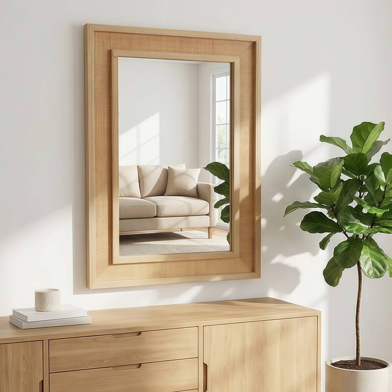 20"x30" Rattan Rectangle Solid Wood Frame Decorative Mirror,For Farmhouse,Bathroom,Home Decor,Entryway