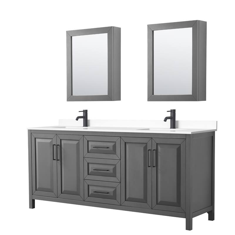 Daria 80 Inch Double Vanity, Cultured Marble Top, Medicine Cabinets - Dark Gray, Black Trim, White Cultured Marble Top