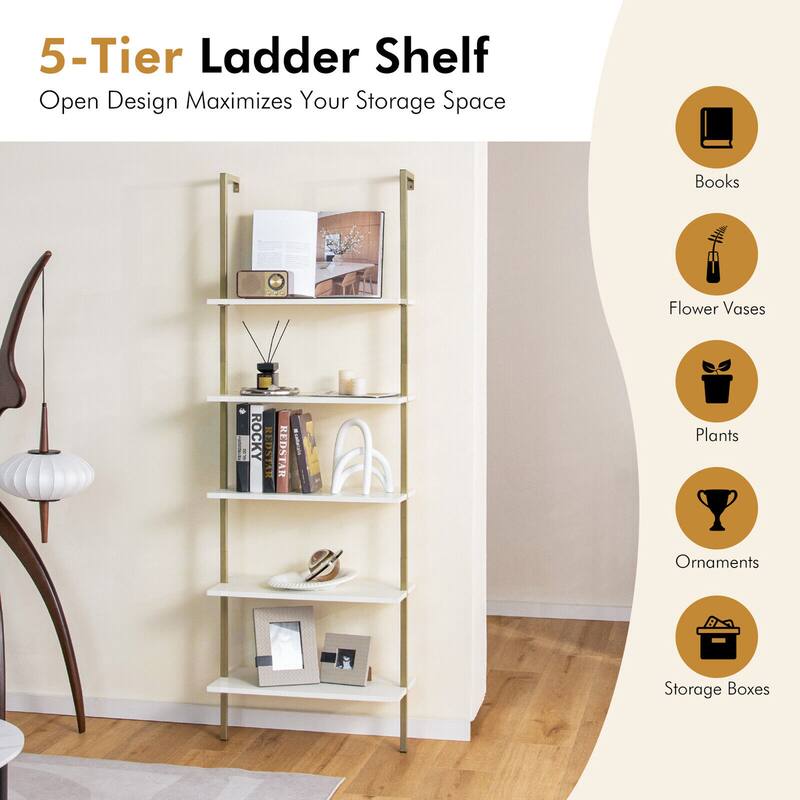 Gymax 5 Tier Ladder Shelf 71'' Open Wall-Mounted Bookcase with Golden