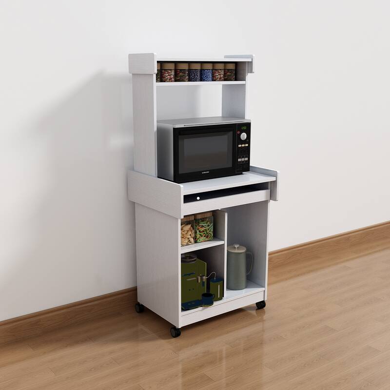 Microwave Cart with Gliding Shelf and Locking Castor Wheels - White
