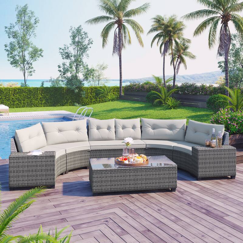 All Weather 8 Pieces Outdoor Patio Furniture Set Half Moon PE Rattan Sectional Sets with Coffee Table and Removable Cushion