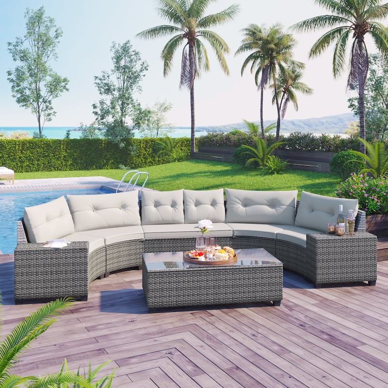 Rattan Modular Sofa Set Semicircular Sectional Sofa Set with Tempered Glass Coffee Tables 8-piece Outdoor Conversation Sets