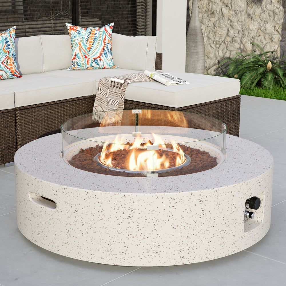 COSIEST Ecru Round Outdoor Propane Fire Pit with Wind Guard