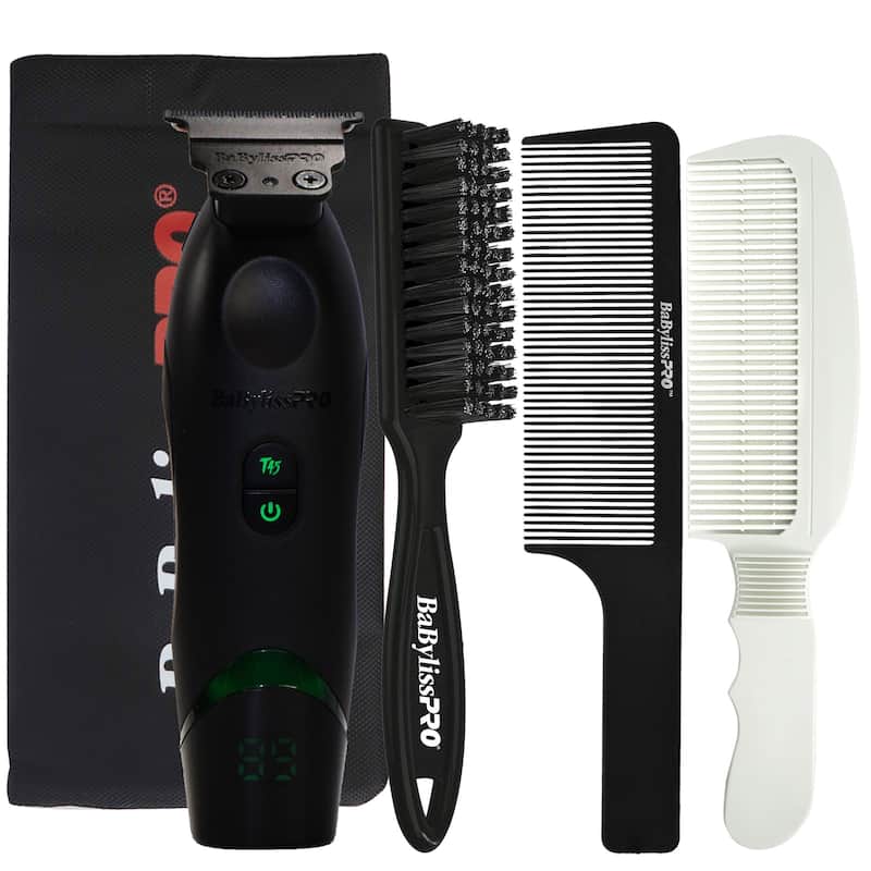 BaBylissPRO x Tomb45 Wireless-Charging Hair Trimmer + Fade Brush + 9" Clipper Comb + Flat Top Comb White + Clipper Pouch - Black