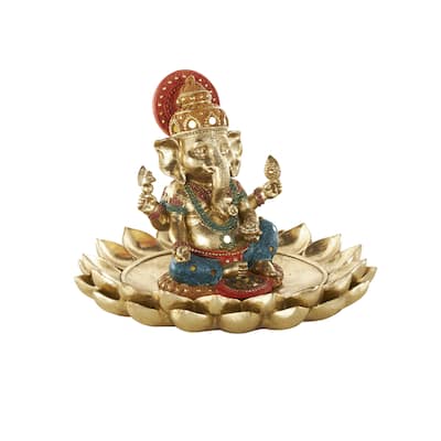 Resin Ganesh Decorative Sculpture with Lotus Plate and Colorful Dresswear - Gold - Roche River Decor