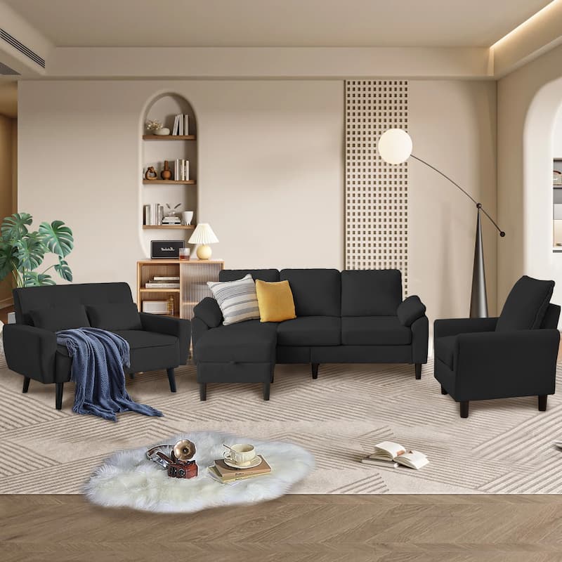 4-Piece Corduroy Living Room Sectional Sofa Set with Loveseat and Chair