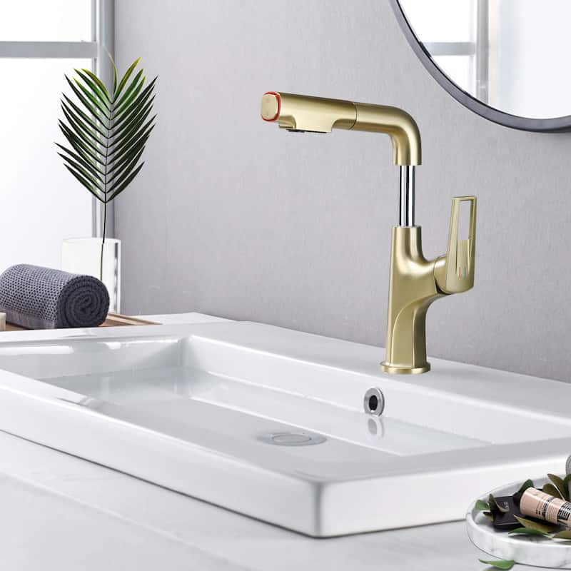 Anmytek Brushed Gold Pull-Down Bathroom Vessel Faucet - Single Hole, Lift Spout & Dual Spray Modes - 8.27 x 2.17 x 12.80 inches