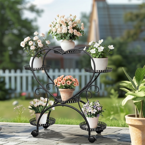 6 Potted Heart-shaped Metal Tall Plant Stand with Wheels Garden 6 Potted Heart-shaped Metal Tall Plant Stand with Wheels Garden