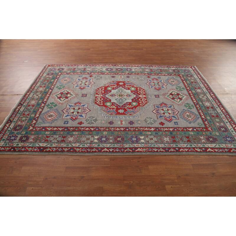 Geometric Kazak Area Rug Handmade Oriental Grey Wool Carpet - 5'6" x 7'9"