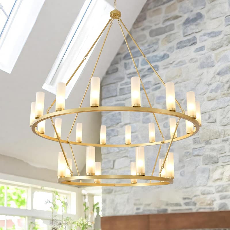 24 - Light 2 - Tier Gold Wagon Wheel Chandelier, 48.6" Wide, Frosted Glass Shades - Brushed Brass