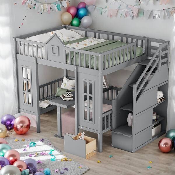 slide 2 of 40, Full over Full Bunk Bed With Changeable Table,Bunk Bed Turn into Upper Bed and Down Desk Grey