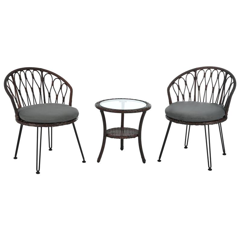 Outdoor Leisure Set,2 Rattan Chairs and Glass Table,Perfect for Patios,Balconies and Courtyards - Brown+Grey
