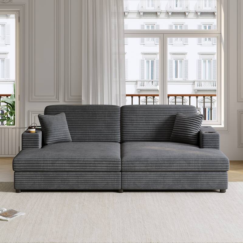 Roomfitters Oversized Loveseat Chaise Lounge Sectional Sofa Bed, Corduroy Sleeper with USB Ports, Cup Holders