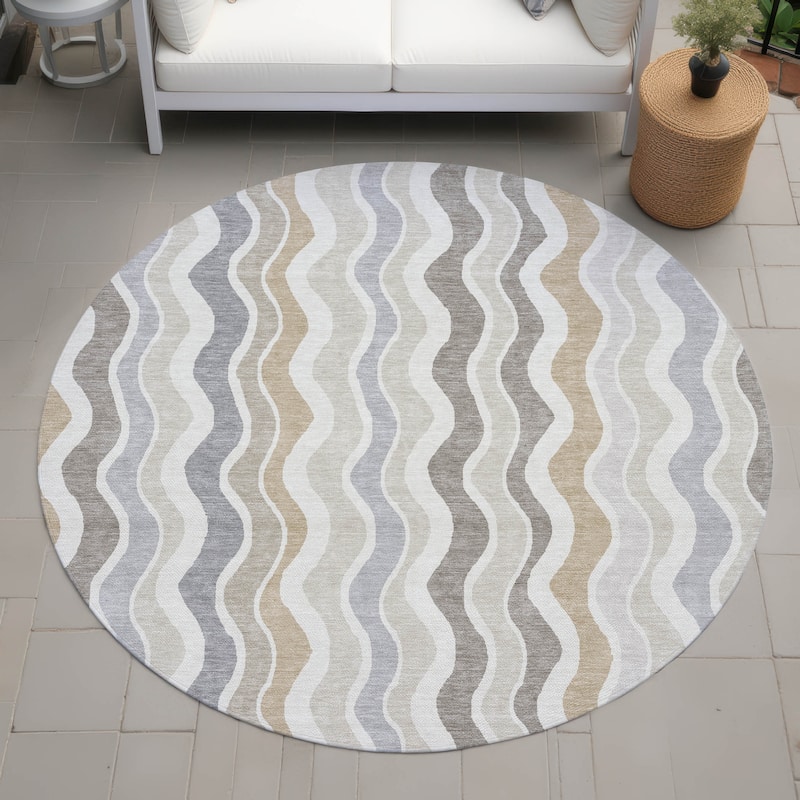 Machine Washable Indoor/ Outdoor Funky Stripe Chantille Rug - Ivory - 8' x 8'