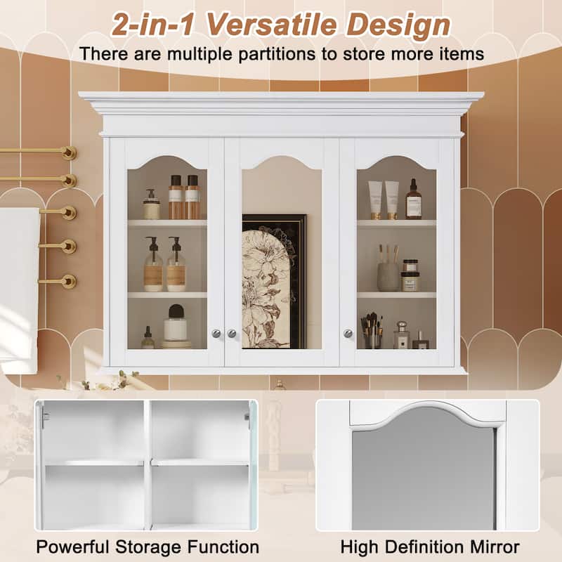 40-Inch Bathroom Storage Cabinet With Mirror Door, Glass Panels, And Shelves, Designed For Wall Mounting - 40"