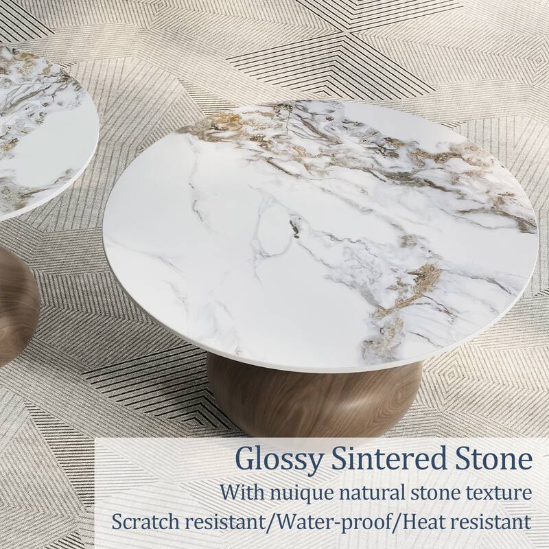 31.5"+23.6" Modern Coffee Table Set of 2, White Glossy Sintered Stone Table Top, Brown Steel Legs With Wood Texture