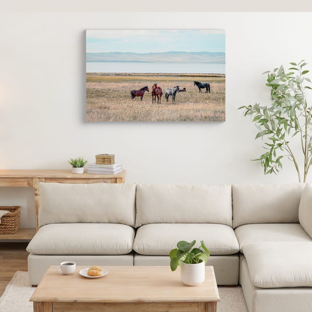 Horse Framed Wall Art Decor, Western Farmhouse Wood Painting Vintage Farm Painting Wild Animals Walking on Sprawling Grassland